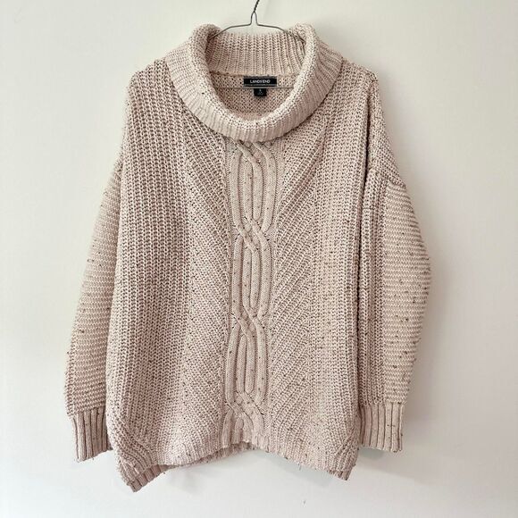 None. Sweaters - Lands' End Speckled Cable Knit Cowl Neck Chunky Sweater Size S Oatmeal